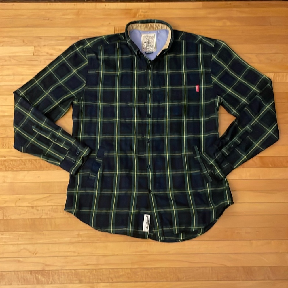 RSVLTS Flannel Long Sleeve Green Blue Yellow Plaid Dare Mighty Things Medium